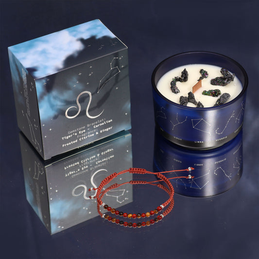 Zodiac Crystal Candle with Gemstone Bracelet | Leo — Strength & Radiance