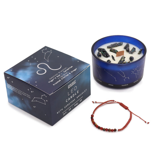 Zodiac Crystal Candle with Gemstone Bracelet | Leo — Strength & Radiance