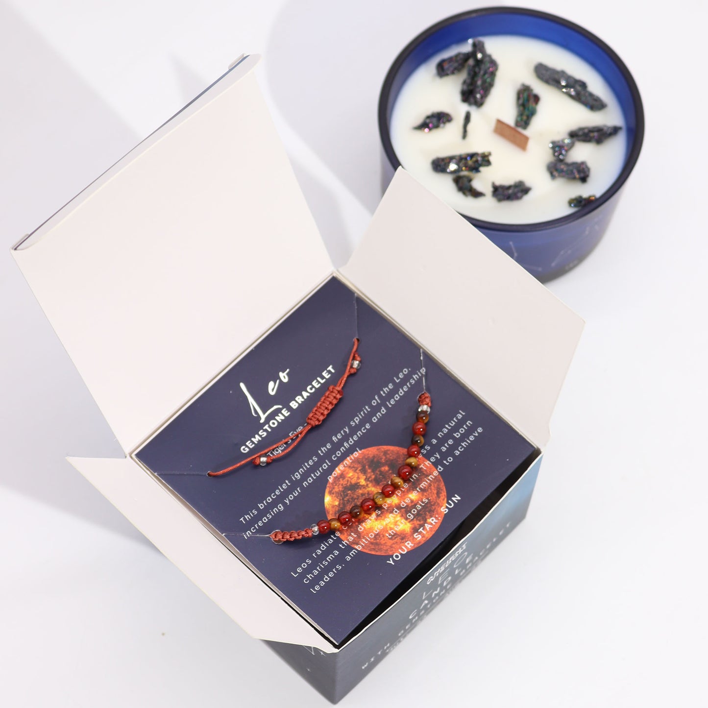 Zodiac Crystal Candle with Gemstone Bracelet | Leo — Strength & Radiance