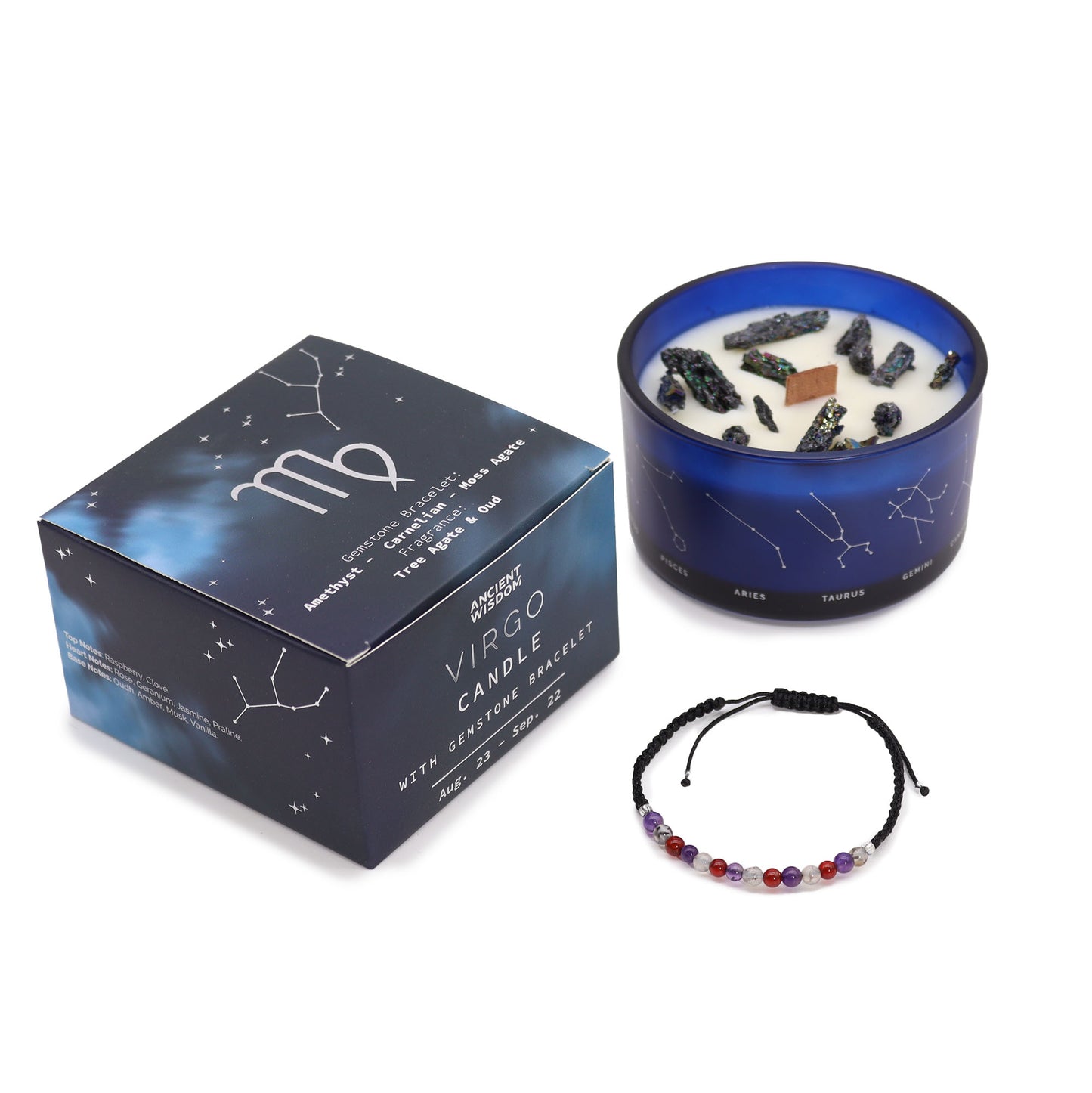 Zodiac Kristalle Kerze mit Edelstein-Armband | Jungfrau – Intuition & Präzision