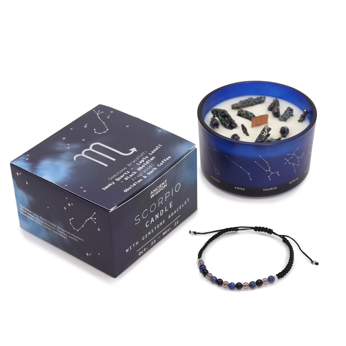 Zodiac Kristalle Kerze mit Edelstein-Armband | Skorpion — Intensität & Transformation