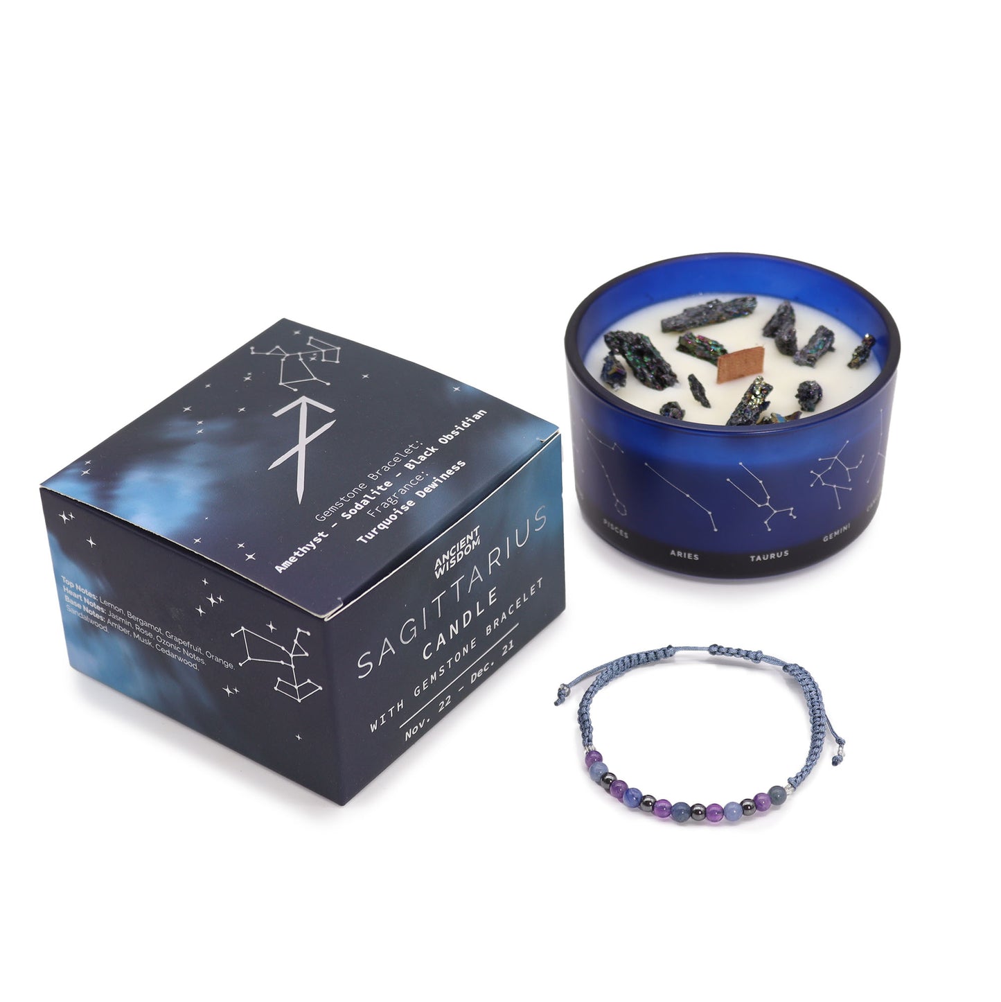 Zodiak Kristalle Kerze mit Edelsteinarmband – Schütze