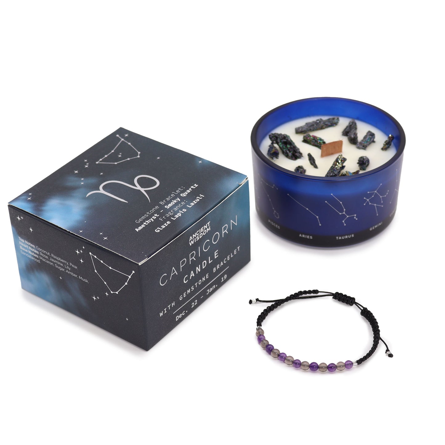 Zodiac Kristallszenkerze mit Edelsteinarmband | Steinbock – Ehrgeiz & Disziplin