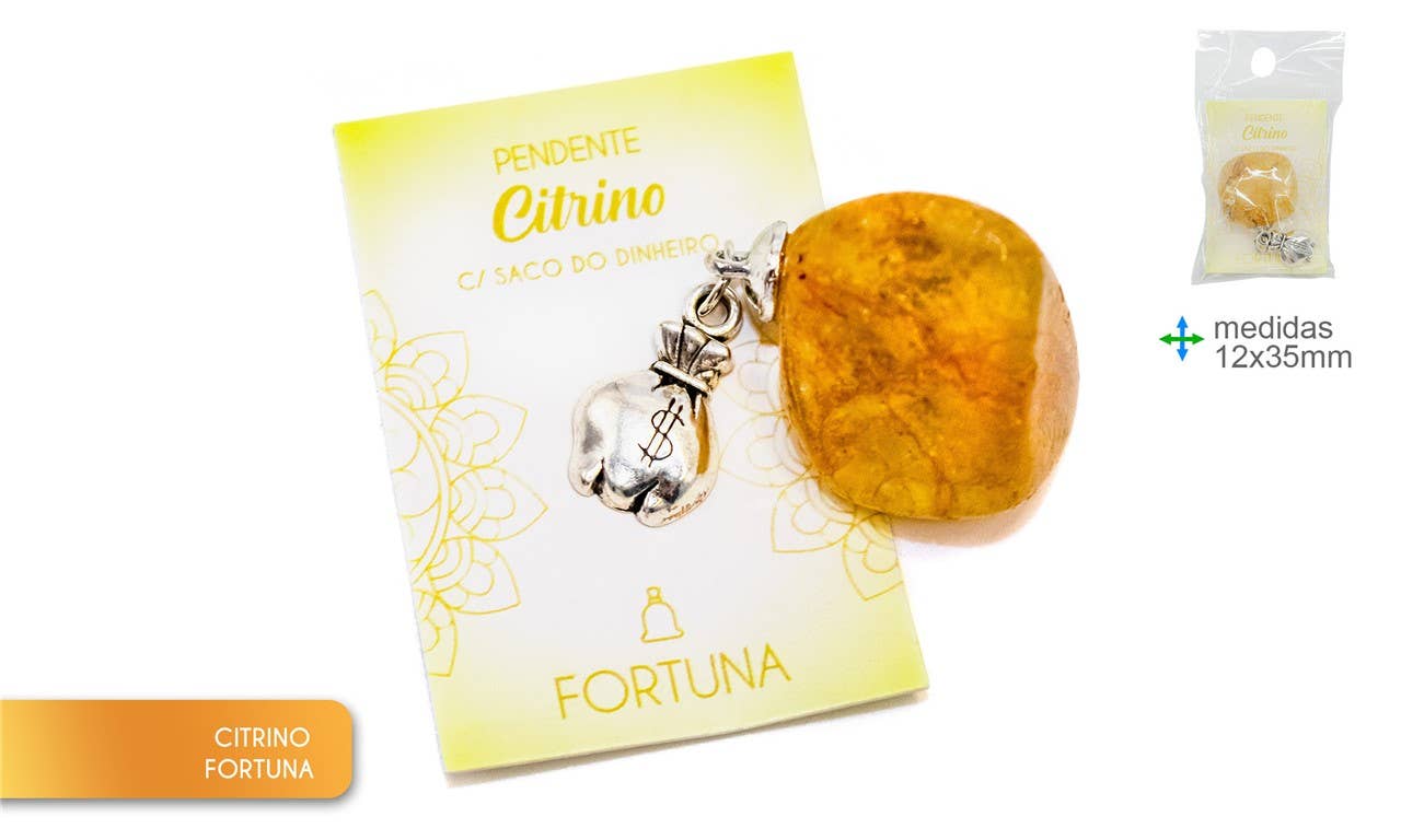Citrine Stone Pendant – 12 x 35 mm with Silver Money Bag