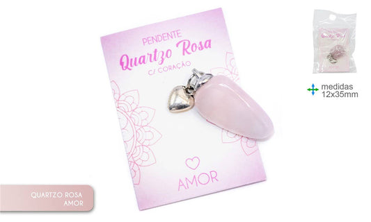 Rose Quartz Stone Pendant – 12 x 35 mm with Silver Heart
