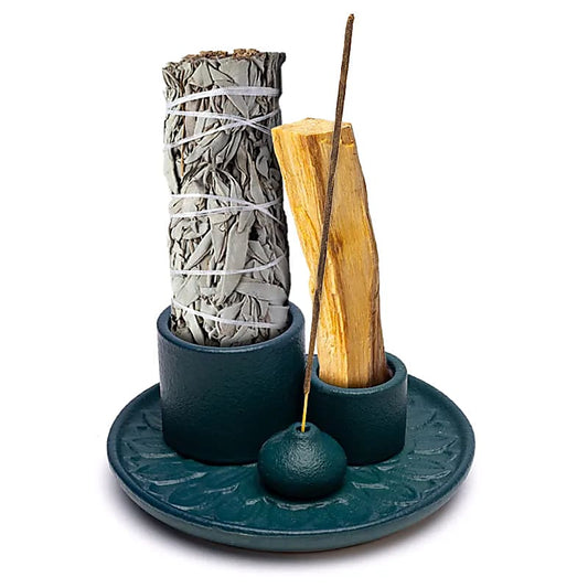 Ceramic Smudge & Incense Burner | Floral Motif | Petrol Green