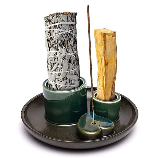 Ceramic Smudge & Incense Burner | Heart | Petrol & Brown