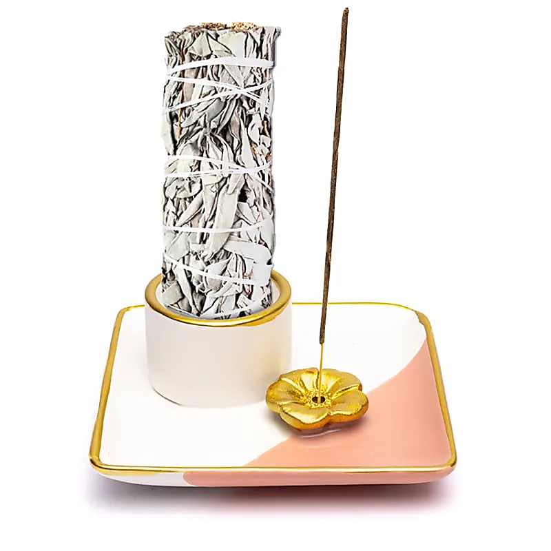 Ceramic Smudge & Incense Burner | Flower | Pink, White & Gold