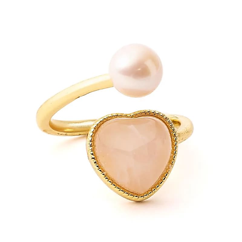 Adjustable Ring with Pearl & Rose Quartz Heart | Gold-colored