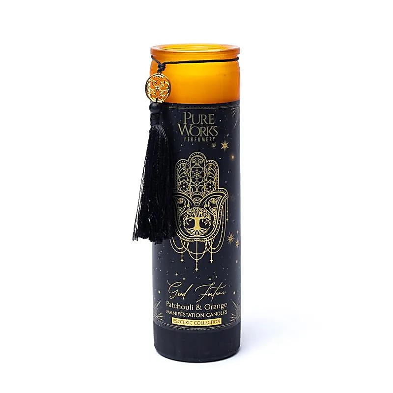 Manifestationskerze „Good Fortune“ im Glas mit Quaste
