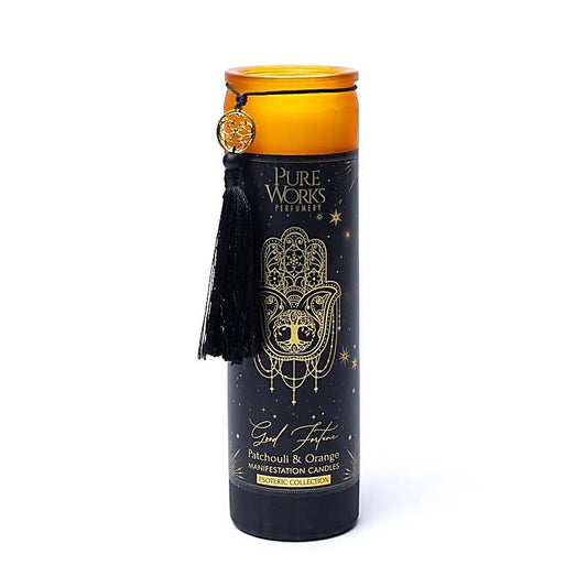 Manifestationskerze „Good Fortune“ im Glas mit Quaste