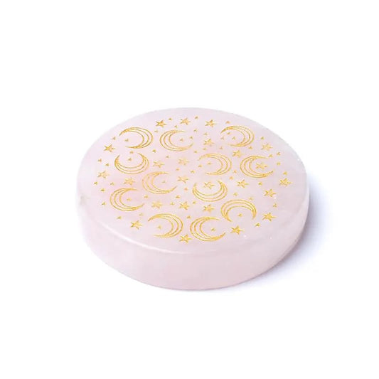 Engraved Rose Quartz Mineral Disc Moon and Stars