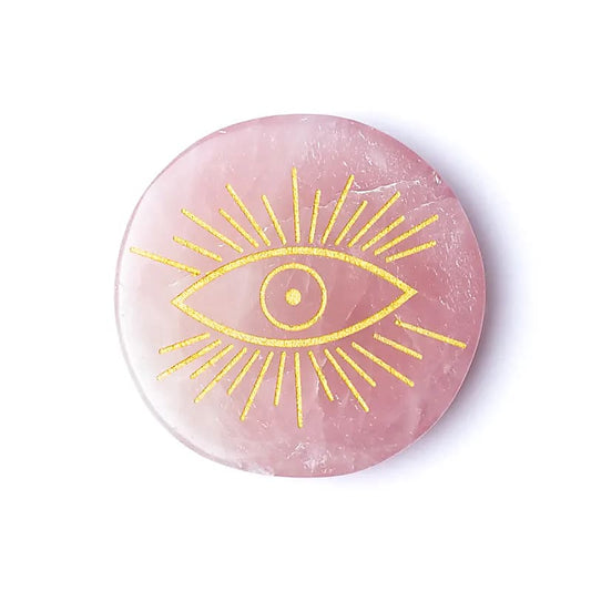 Engraved rose quartz mineral disc all-seeing eye