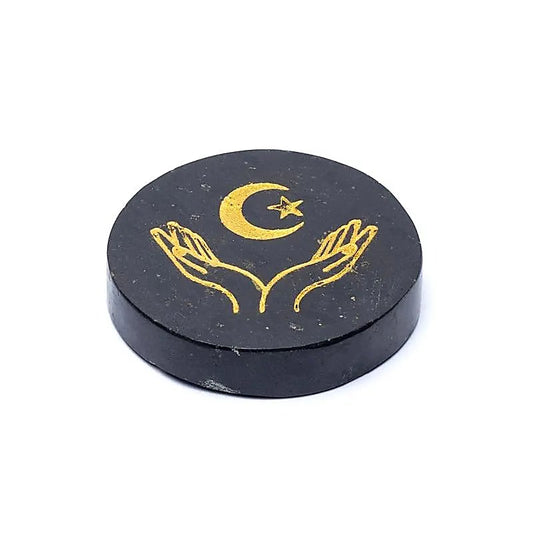 Engraved mineral disc black tourmaline hands, moon, and star