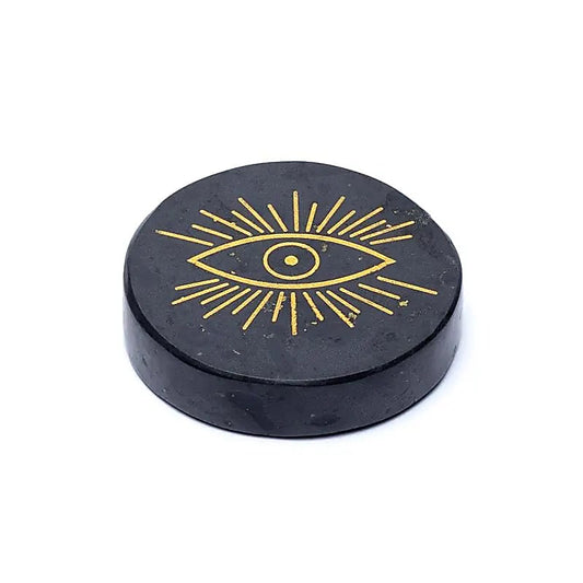 Engraved mineral disc black tourmaline all-seeing eye