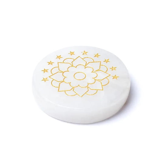 Engraved mineral disk rock crystal lotus