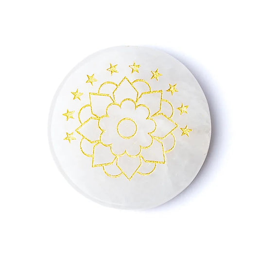 Engraved mineral disk rock crystal lotus