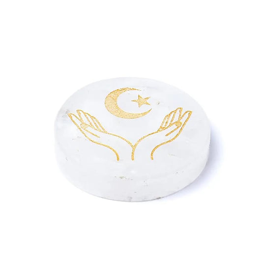 Engraved mineral disc rock crystal hands, moon and star