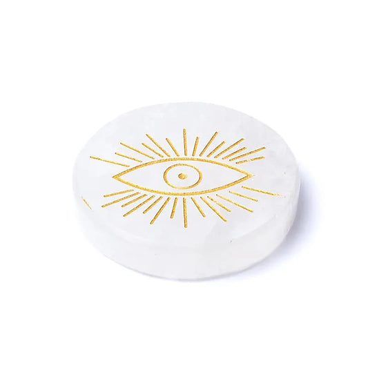 Engraved mineral disc rock crystal all-seeing eye