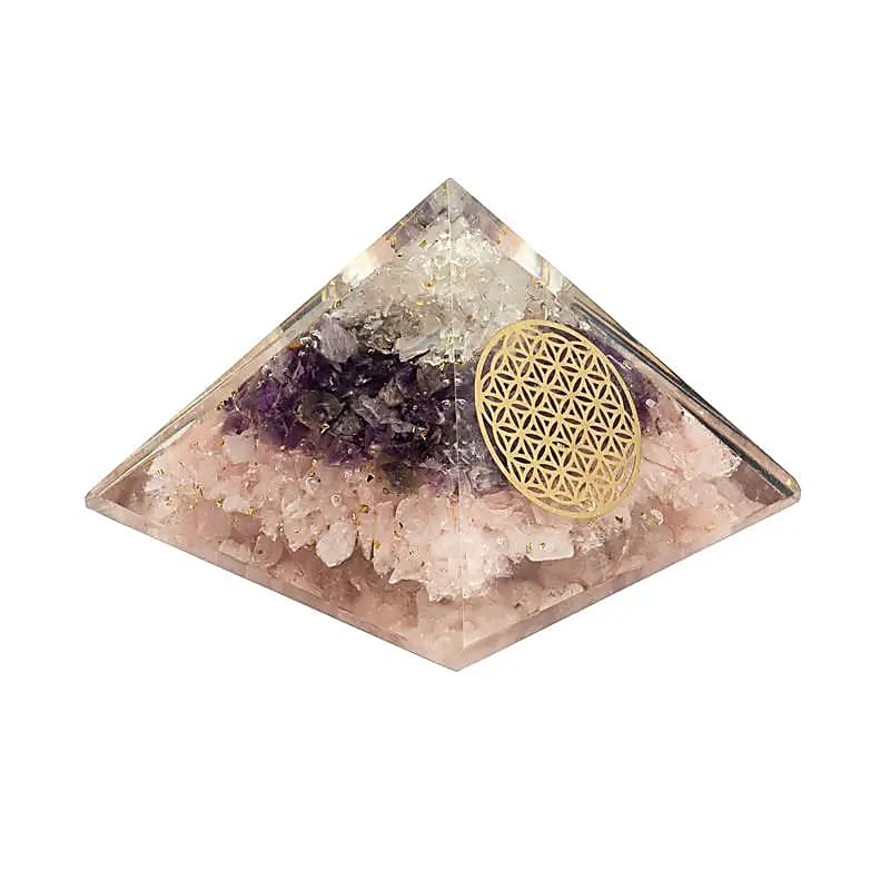 Orgoniet piramide gouden driehoek met Bloem des Levens 7,5 cm