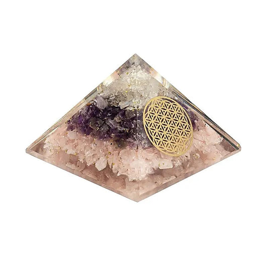 Orgoniet piramide gouden driehoek met Bloem des Levens 7,5 cm
