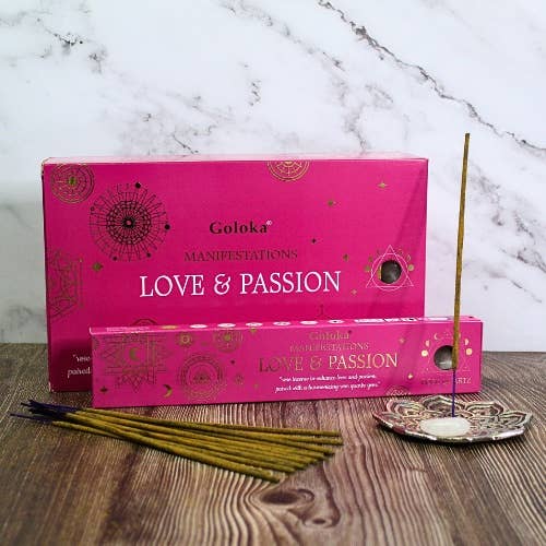 Goloka Manifestations Räucherwerk Love & Passion mit Rosenquarz-Edelstein