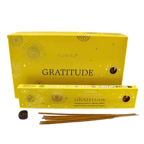 Goloka Manifestations Gratitude incense with tiger's eye gemstone