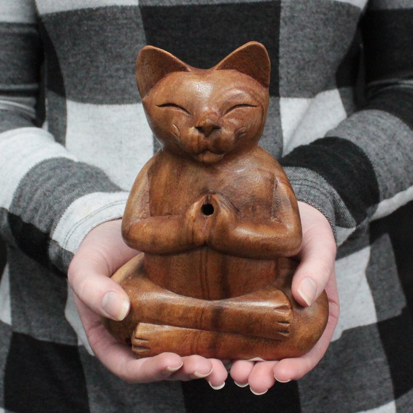 Geschnitzte Räucherstäbchenhalter aus Holz - Große Yoga Katze
