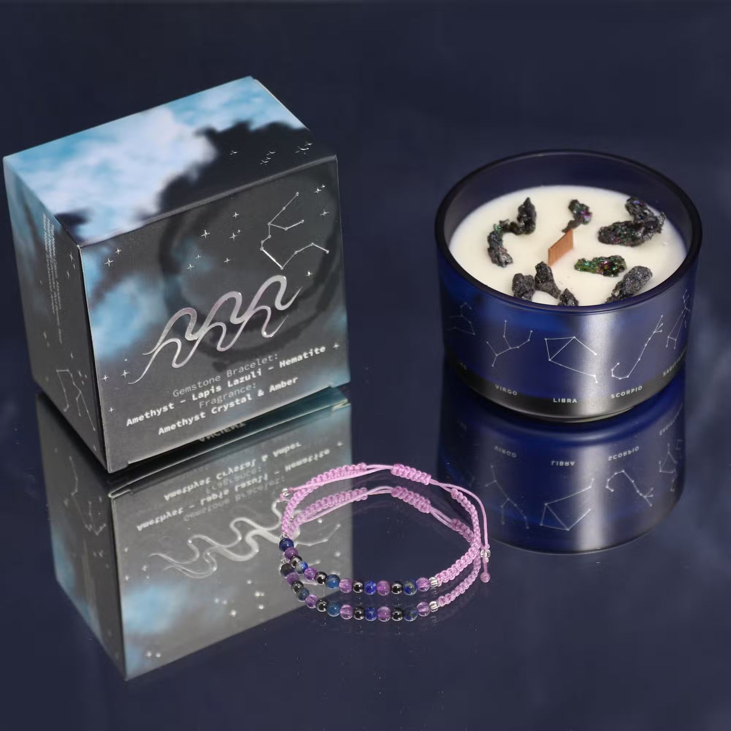 Zodiac Kristallkerze mit Edelstein-Armband | Wassermann — Visionäre Energie